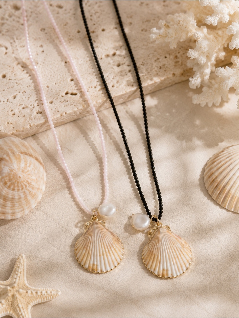Handcrafted Multicolor Beaded Necklace with Shell Pendant - Gold Accents